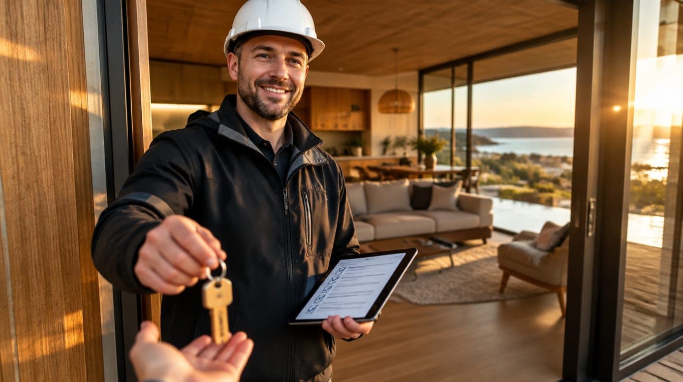 Uitvoerder overhandigt bij gouden uur de sleutels van een nieuwe recreatiewoning met een tablet in de hand